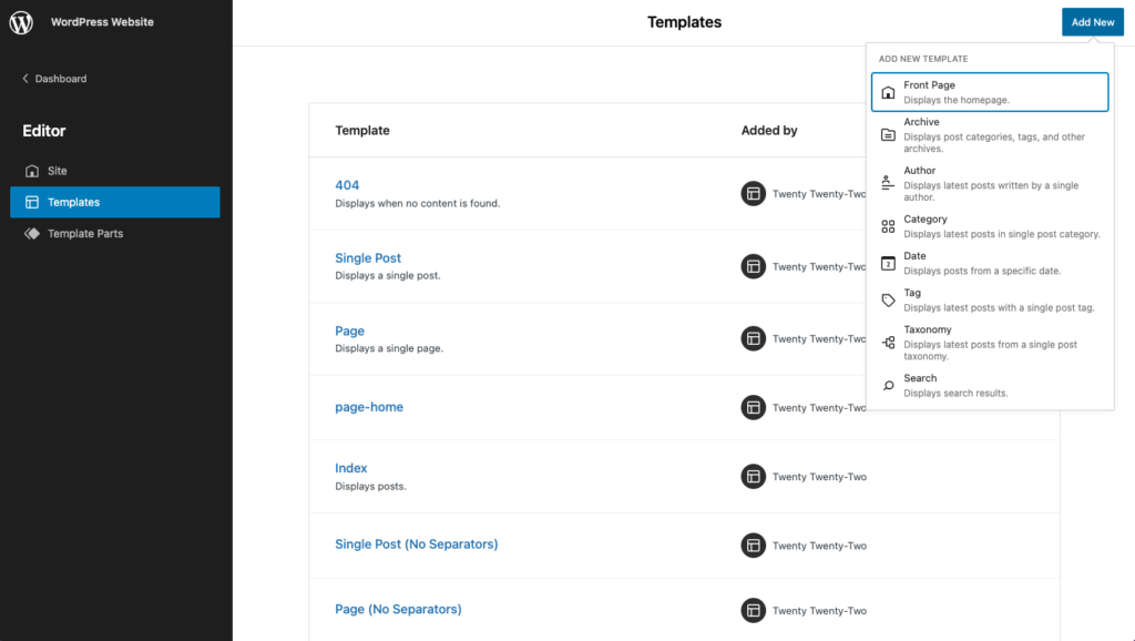 nieuwe templates in blokthema van WordPress